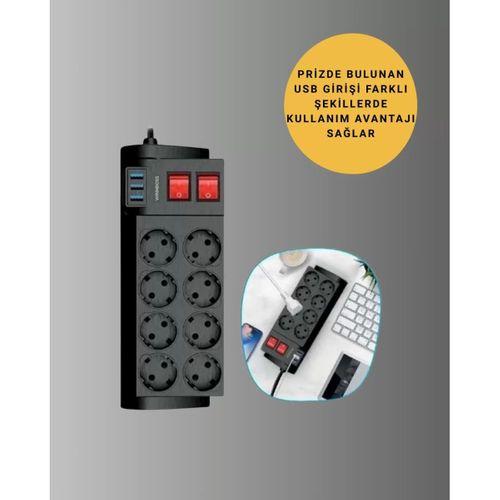 Güçlü Termal Korumalı 8 Priz + 3 Usb Çoklu Uzatma Kablosu 2m