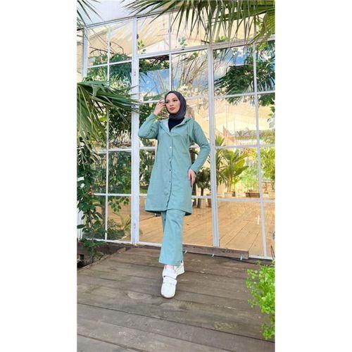 Çıtçıtlı Kapşonlu Uzun Tunik Pantolon İkili Tesettür Eşofman Takımı - 03078.100 - Çağla Yeşili
