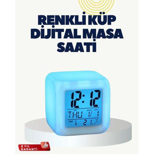 Termometre Ve Takvim Özellikli 7 Renk Değiştiren Küp Alarm Saati