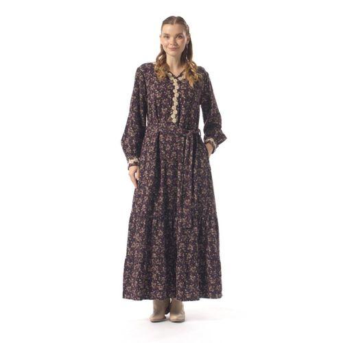 Vera Düğmeli Menekşe Desen Pazen Çift Cepli Kuşaklı Uzun Kollu Kışlık Uzun Elbise Mor Mor