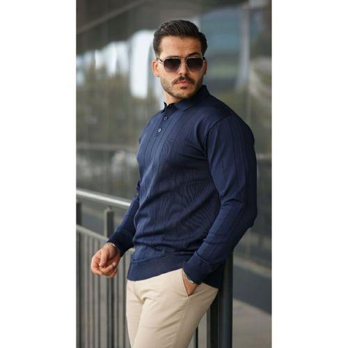 Erkek Düğmeli Yaka çizgi Dokulu Uzun Kollu Triko