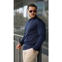 Erkek Düğmeli Yaka çizgi Dokulu Uzun Kollu Triko