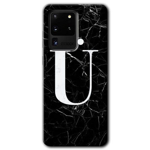 Galaxy S20 Ultra Kılıf HD Desen Baskılı Arka Kapak - Siyah Mermer Desenli Ü Harfi + Kırılmaz Cam