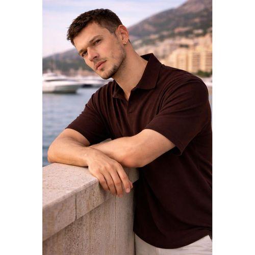 Leodes Waffle Kumaş Polo Yaka Relaxed Fit Düğmesiz Erkek T-Shirt - Kahve