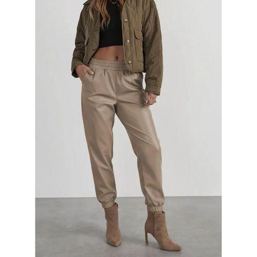 Kadın Yüksek Bel Lastikli önü Düğmeli Deri Pantolon