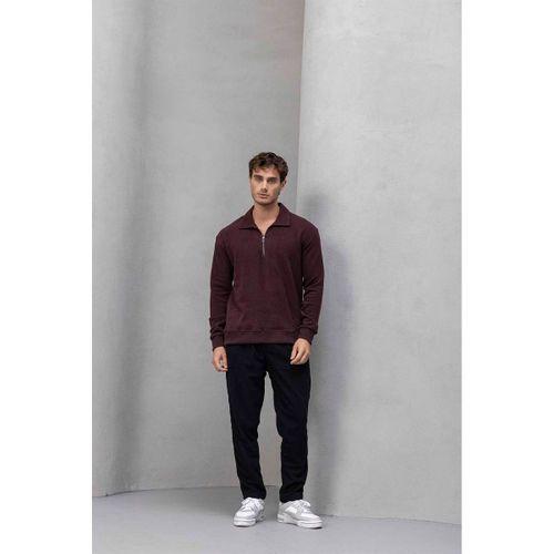 Eric Relax Fit Yarım Fermuarlı Polo Yaka Selanik Kumaş Erkek Sweatshirt - Bordo