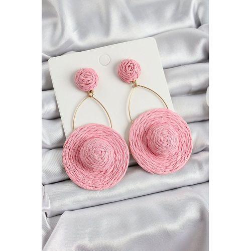 Pembe Şapka Figürlü Hasır Örgü Model Sallantılı Gold Renk Kadın Küpe