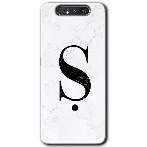 Samsung Galaxy A80 Kılıf HD Desen Baskılı Arka Kapak + Temperli Cam - Beyaz Mermer Desenli Ş Harfi