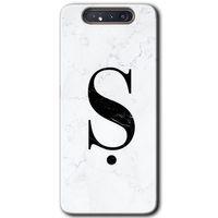 Samsung Galaxy A80 Kılıf HD Desen Baskılı Arka Kapak + Temperli Cam - Beyaz Mermer Desenli Ş Harfi