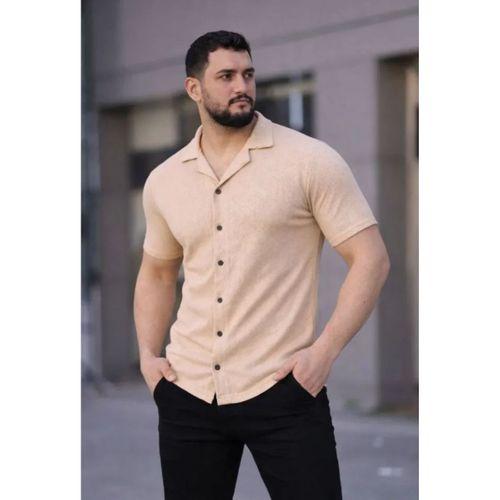 Erkek Waffle Kumaş Kısa Kollu Düğmeli Açık Yaka Regular Fit Gömlek - Bej