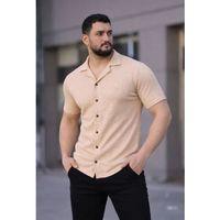 Erkek Waffle Kumaş Kısa Kollu Düğmeli Açık Yaka Regular Fit Gömlek - Bej