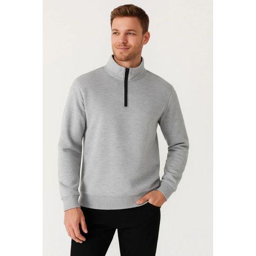 Erkek Dik Yaka Sweatshirt Dik Yaka Yarım Fermuarlı 3 İplik Şardonlu Pamuk Kumaş - Gri