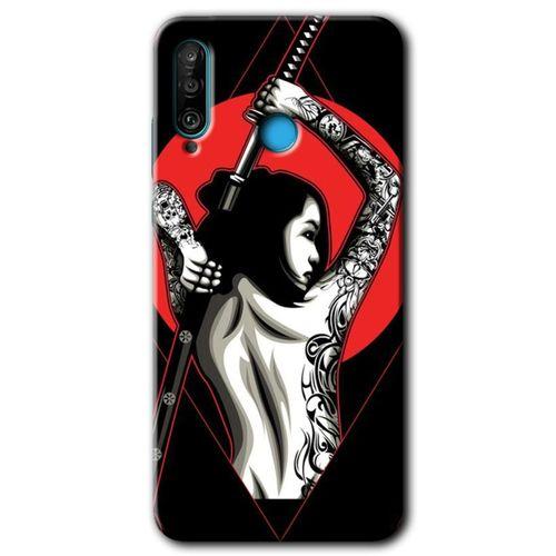Huawei P30 Lite Kılıf Baskılı Kapak - Samurai Girl + 5D Tam Kaplayan Cam