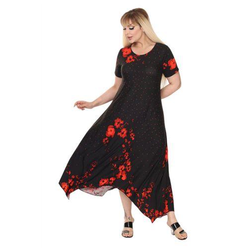 Melsay Butik Kırmızı Puanlı Gelincik Desen Asimetrik Kısa Kollu Elbise