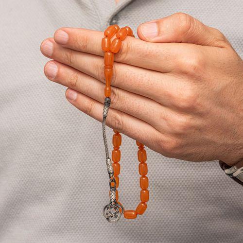 Gümüş Kazaz Püsküllü Kapsül Kesim Turuncu Sıkma Kehribar Tesbih