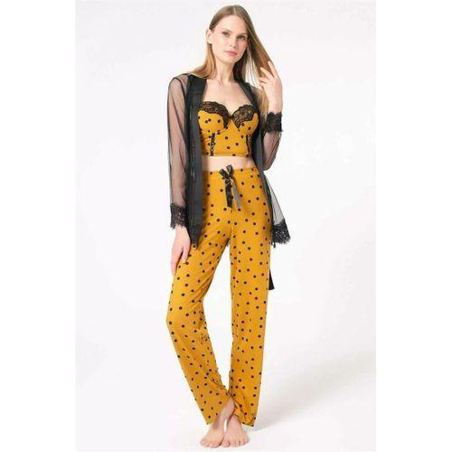 Tül Dantelli Sabahlık Balenli Destekli Dolgulu Puantiyeli Büstiyer Sütyen Ve Pantolon Pijama 3'lü Takım