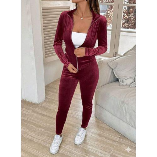 Kadın Uzun Kollu önden Fermuarlı Kadife Bluz Ve Pantolon Ikili Takım