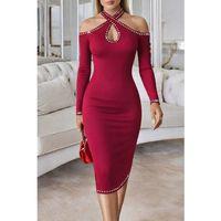 Kadın Omuzlardan Açık Boyundan Geçmeli Damla Detaylı Taşlı Midi Dalgıç Elbise