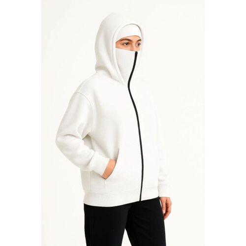 Samuray Ninja Çift Kapşonlu ZIP Fermuarlı Kanguru Çepli Hoodie Maske Detaylı Swetshirt - Beyaz