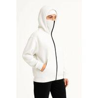 Samuray Ninja Çift Kapşonlu ZIP Fermuarlı Kanguru Çepli Hoodie Maske Detaylı Swetshirt - Beyaz