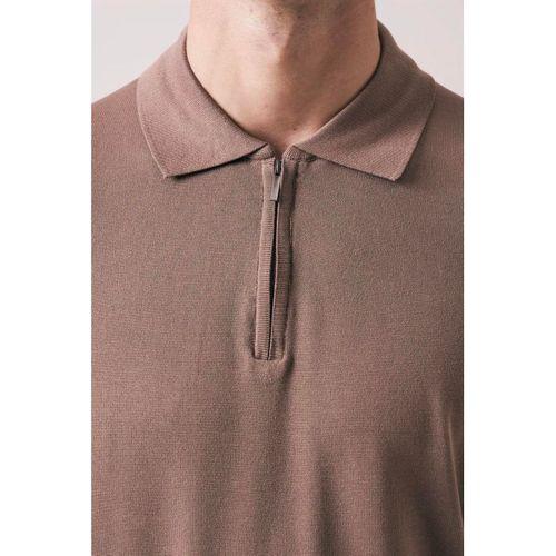 Linus Fermuarlı Polo Yaka Kısa Kollu İnce Triko Erkek T-Shirt - Kahve