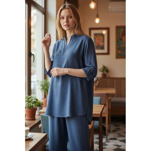 Kadın Kolu Katlanır Düğme Detay Hakim Yaka Bluzve Pantolon Sofia Keten Kumaş Ikili Takim