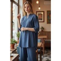 Kadın Kolu Katlanır Düğme Detay Hakim Yaka Bluzve Pantolon Sofia Keten Kumaş Ikili Takim