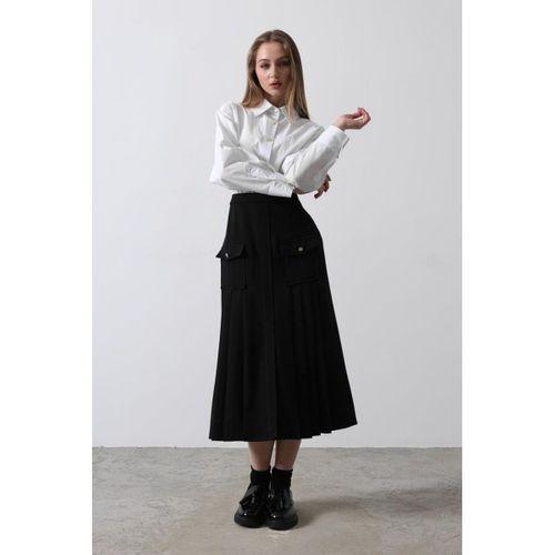 Pileli Kontrast Gömlek Elbise - Beyaz