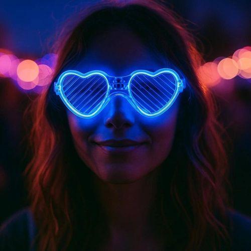 Mavi LED Işıklı Kalp Gözlük – 3 Modlu Parti &amp;