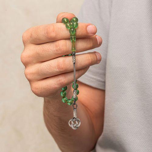 Gümüş Kazaz Püsküllü Yeşil Sıkma Kehribar Tesbih