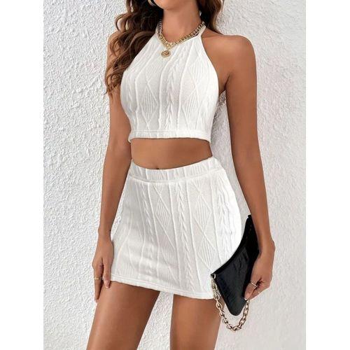 Kadın Sıfır Kol Crop Mini Etek Ikili Triko Takım