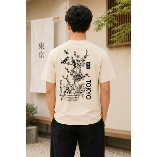 Erkek Ön Ve Arka Tokyo Kuş Çiçek Baskılı Oversize T-Shirt - Ekru
