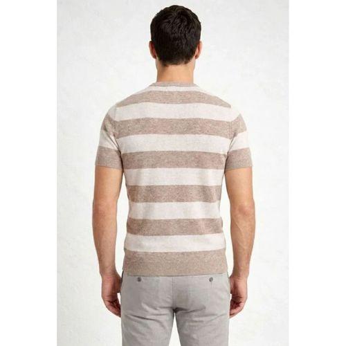 Erkek T-shirt Çizgili Triko Dokuma Bisiklet Yaka Tişört - Bej