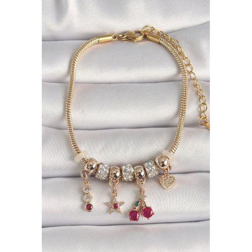 Pirinç Gold Renk Zincir Sallantı Zirkon Taşlı Kiraz Figür Kalp Detay Kadın Bileklik