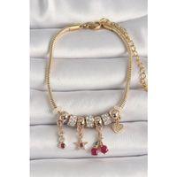 Pirinç Gold Renk Zincir Sallantı Zirkon Taşlı Kiraz Figür Kalp Detay Kadın Bileklik