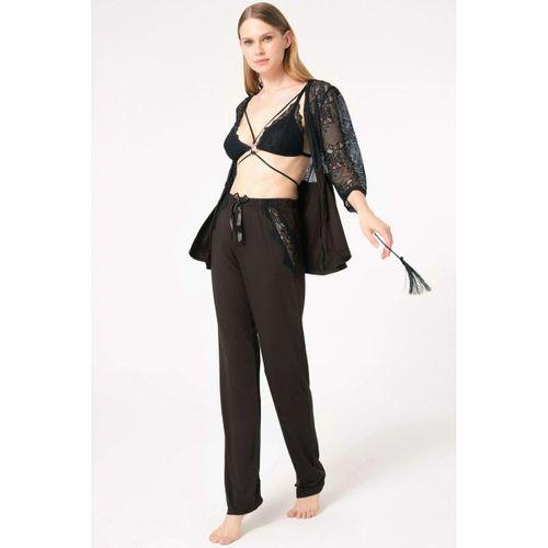 Dantelli Sabahlık Balensiz Desteksiz Dolgusuz Yaka Detaylı Sütyen Ve Pantolon Pijama 3'lü Takım