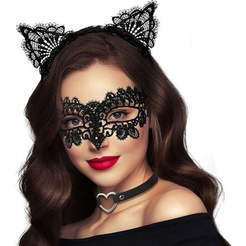 Siyah Renk Dantel Maske ve Dantel Kulak Taç Seti Yetişkin No 10 (3748)