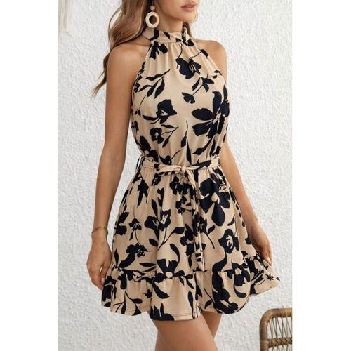 Kadın Omuzlardan Açık Balıkçı Yakalı Kuşaklı Desenli Kısa Süprem Elbise