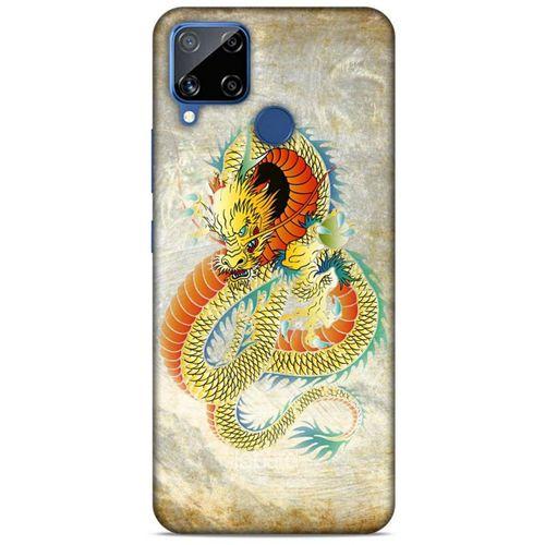Oppo Realme C15 Kılıf Dragons (21) Koruyucu Kapak Ejderha Dövme Sarı