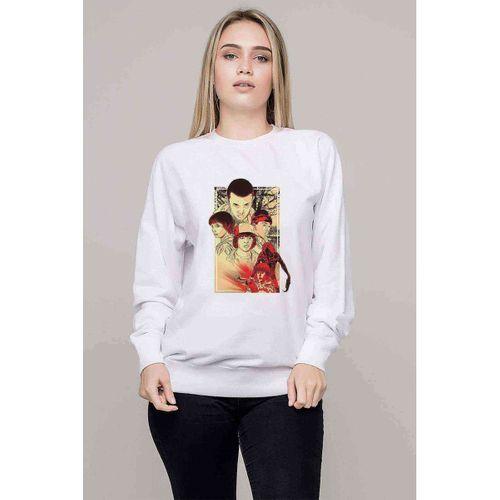 Stranger Things Eleven Dustin Demogorgon Baskılı Beyaz Kadın Sweatshirt