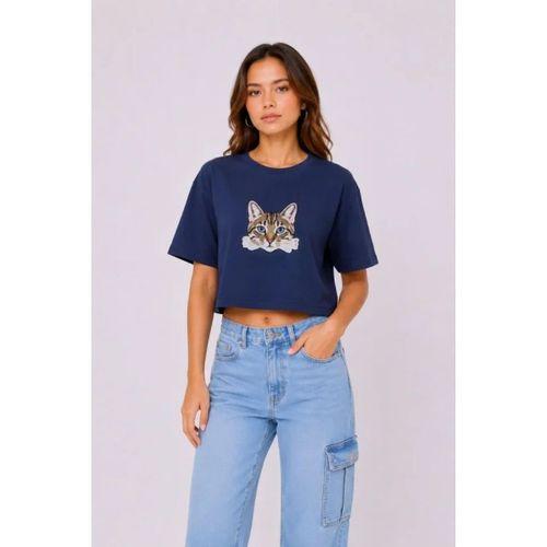 Kedi Baskılı Oversize Crop Tişört Salaş Basic Yarım Kol T-shirt - Lacivert
