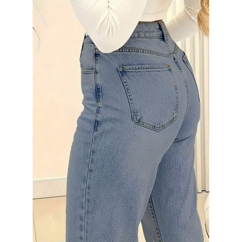 Kadın Yüksek Bel Cepli Paçaya Doğru Geniş Kot Pantolon