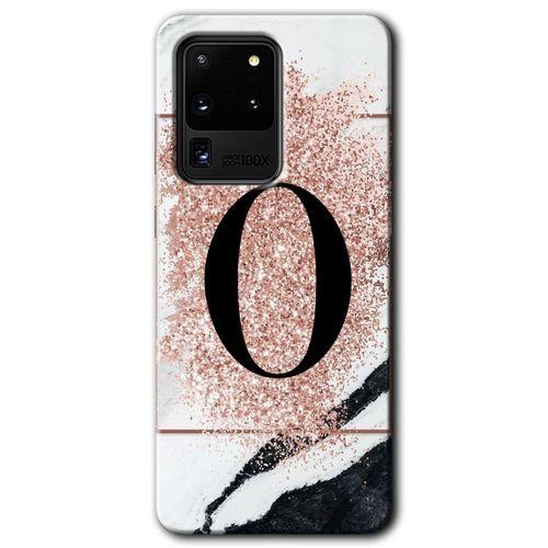 MRCİLETİSİM MRCİLETİSİM Samsung Galaxy S20 Ultra Kılıf HD Desen Baskılı Arka Kapak + Temperli Cam - Pembe Mermer O Harfi