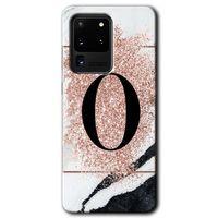 MRCİLETİSİM MRCİLETİSİM Samsung Galaxy S20 Ultra Kılıf HD Desen Baskılı Arka Kapak + Temperli Cam - Pembe Mermer O Harfi