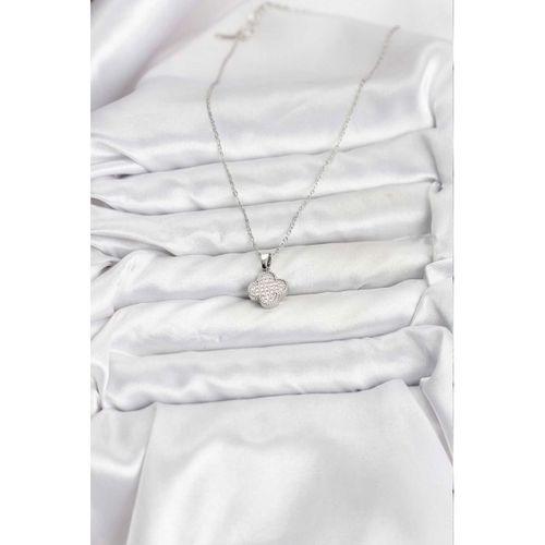 316L Çelik Zincir Gümüş Renk Zirkon Taşlı Yonca Model Kadın Kolye