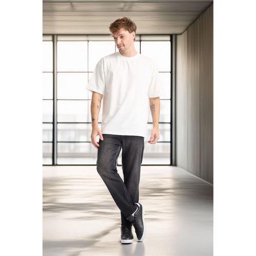 İki İplik Kumaş Pamuklu Bisiklet Yaka Basic Oversize Erkek T-Shirt - Ekru