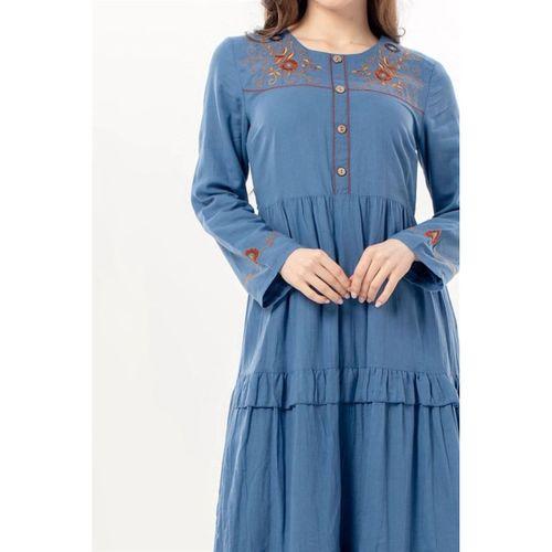 Uzun Kol Zeynep Bisiklet Yaka Nakışlı Uzun Vual Elbise İndigo indg