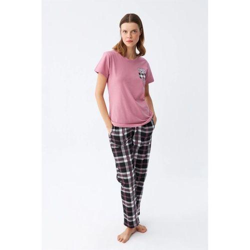Kadın Somon Ayıcık Baskılı Ekoseli Penye Pijama Takımı