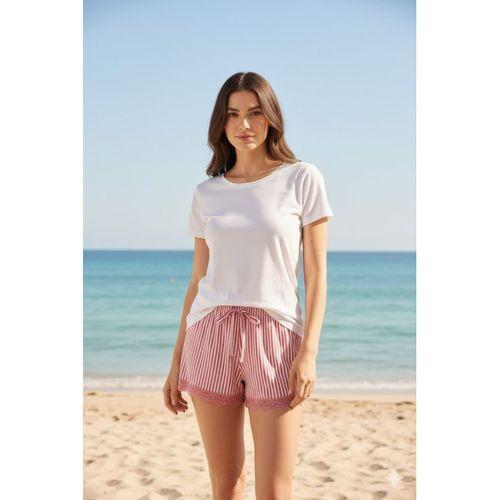 Çizgili Penye Kadın Ev Şortu Bacak Dantel Detaylı Ev Giyim Fuşya