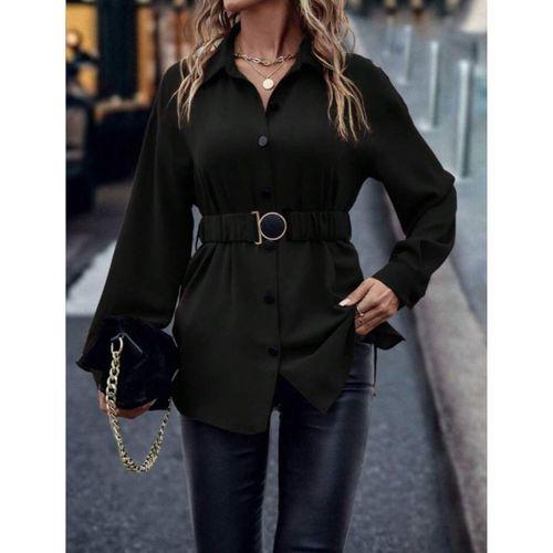 Kadın Uzun Kollu Yakalı önden Düğmeli Belden Kemerli Ithal Krep Bluz